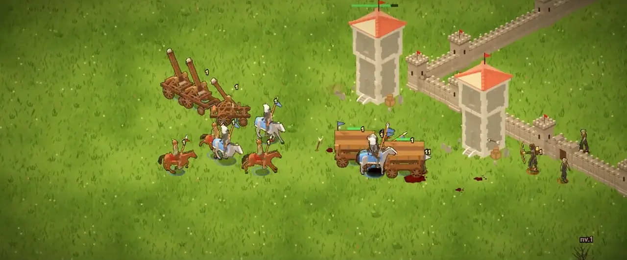 Quadro do jogo: cavaleiros e carroças de cerco avançam contra as torres e a muralha.