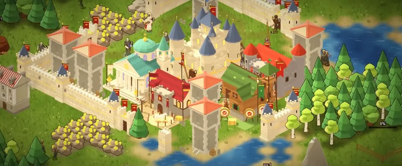 Quadro do jogo: a capital murada, com torres de telhado vermelho, casas, mercado e a floresta ao lado.